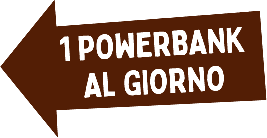 freccia marrone con scritto '1 powerbank al giorno'