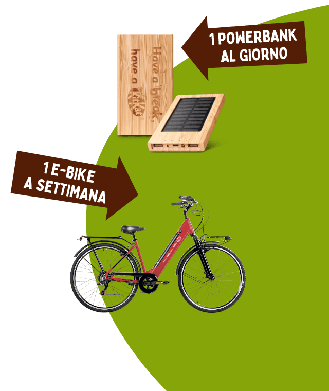 powerbank e e-bike brandizzati Kitkat con frecce marroni che li indicano