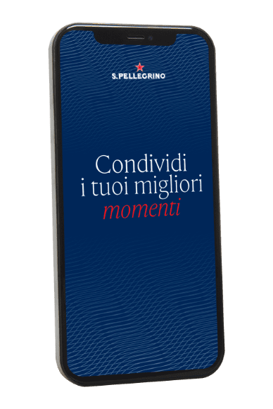 smartphone con logo S.Pellegrino e testo:'Condividi i tuoi migliori momemti'