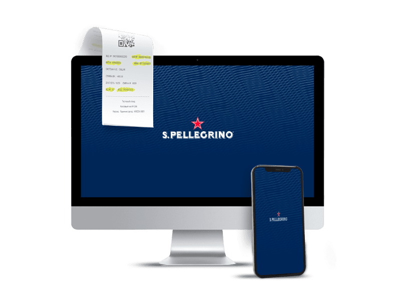 Monitor e Smartphone con loghi S.Pellegrino e uno scontrino con alcune parti evidenziate di giallo posto sopra al monitor