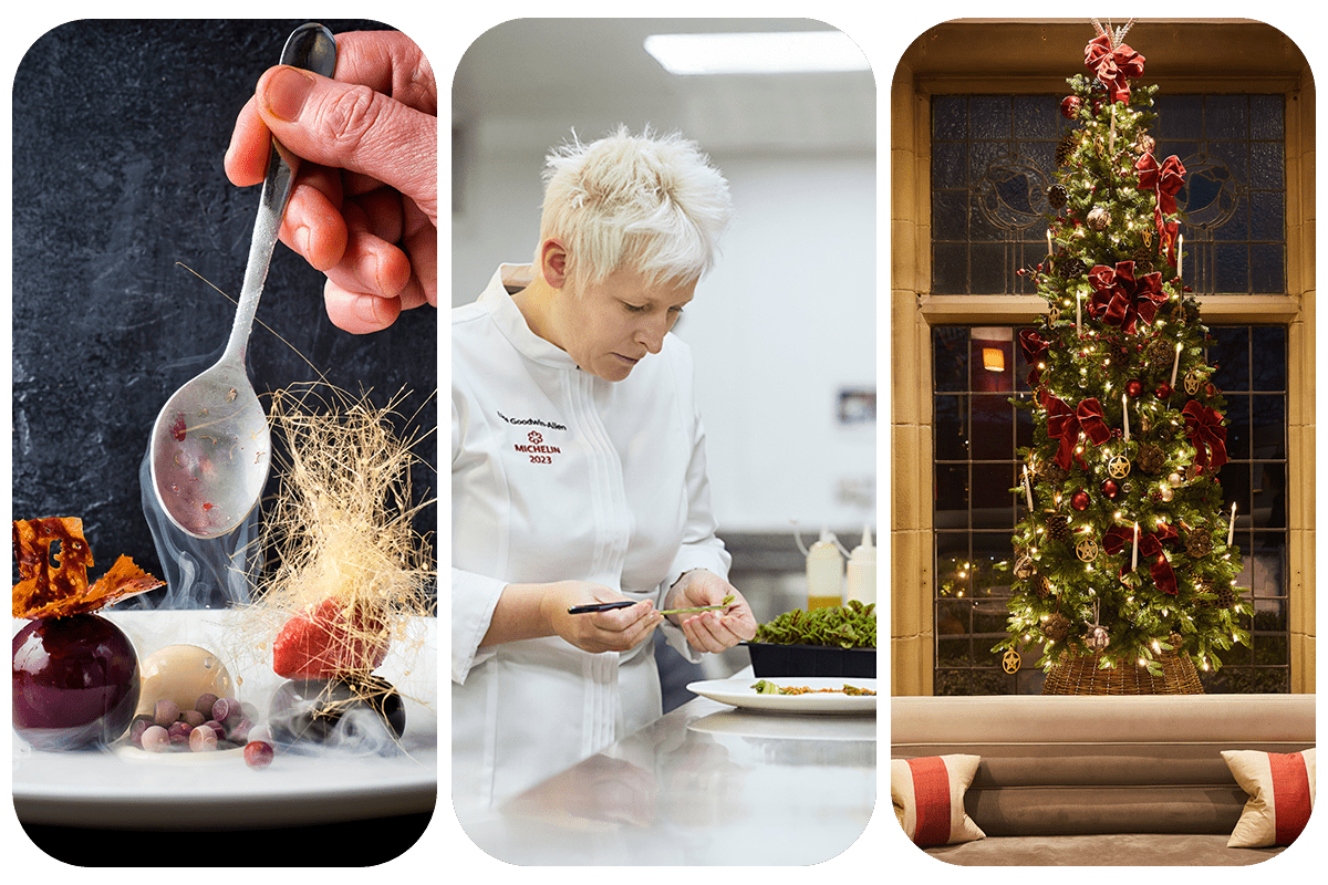 trittico di fotografie, nella prima un cucchiaio sopra un piatto stellato, nella seconda una chef seleziona delle verdure e nella terza un albero di natale