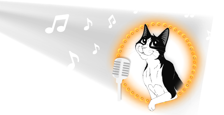 gatto felix con microfono e note musicali e scritta:'It's great to be a cat!'