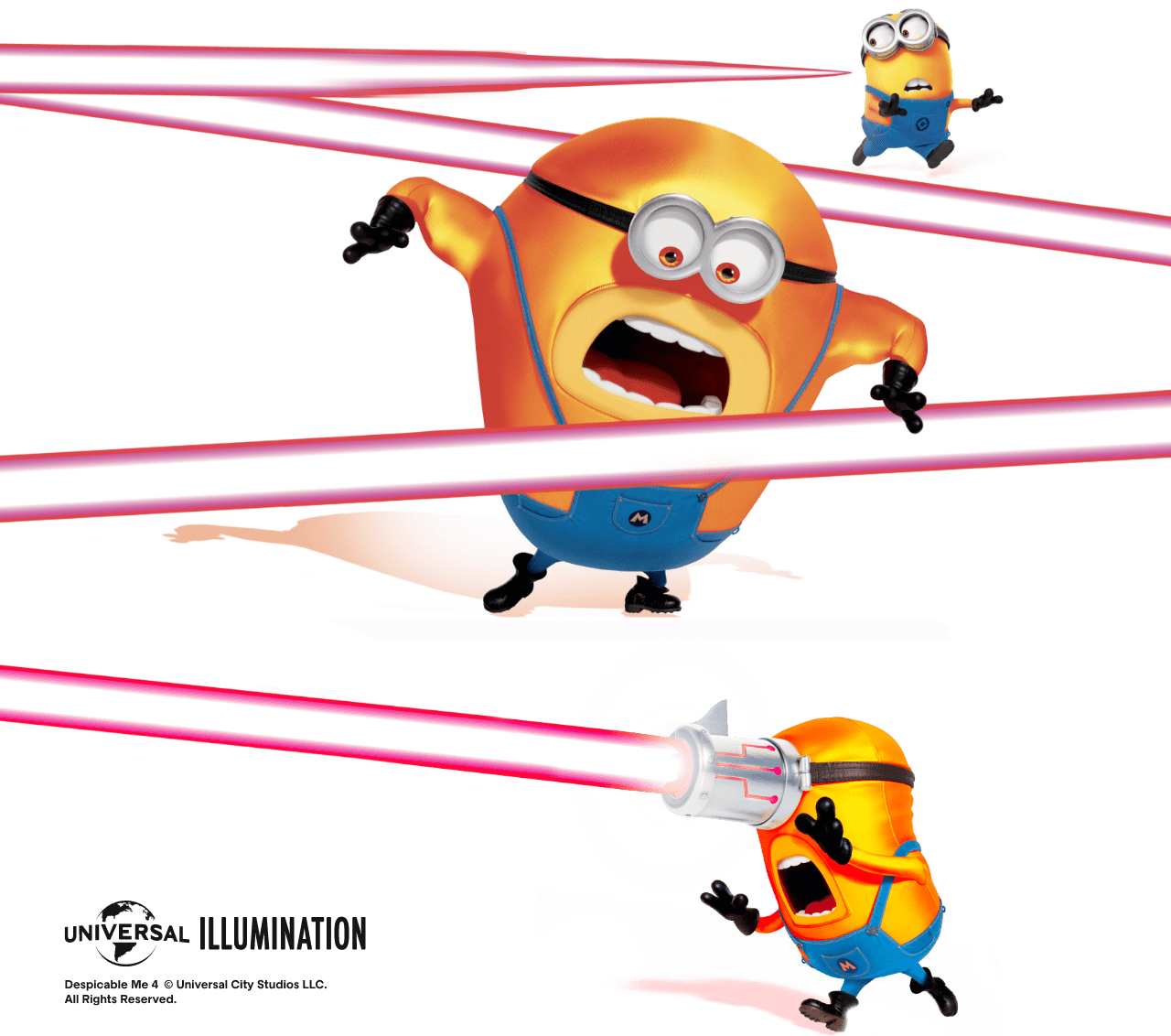 tre minions inseguiti da un laser rosso