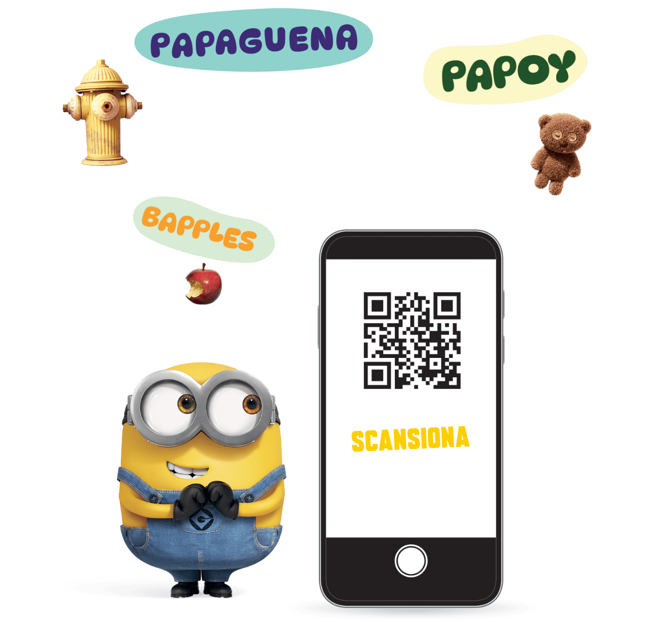 un minion e uno smartphone con il qr-code da scansionare per giocare in famiglia