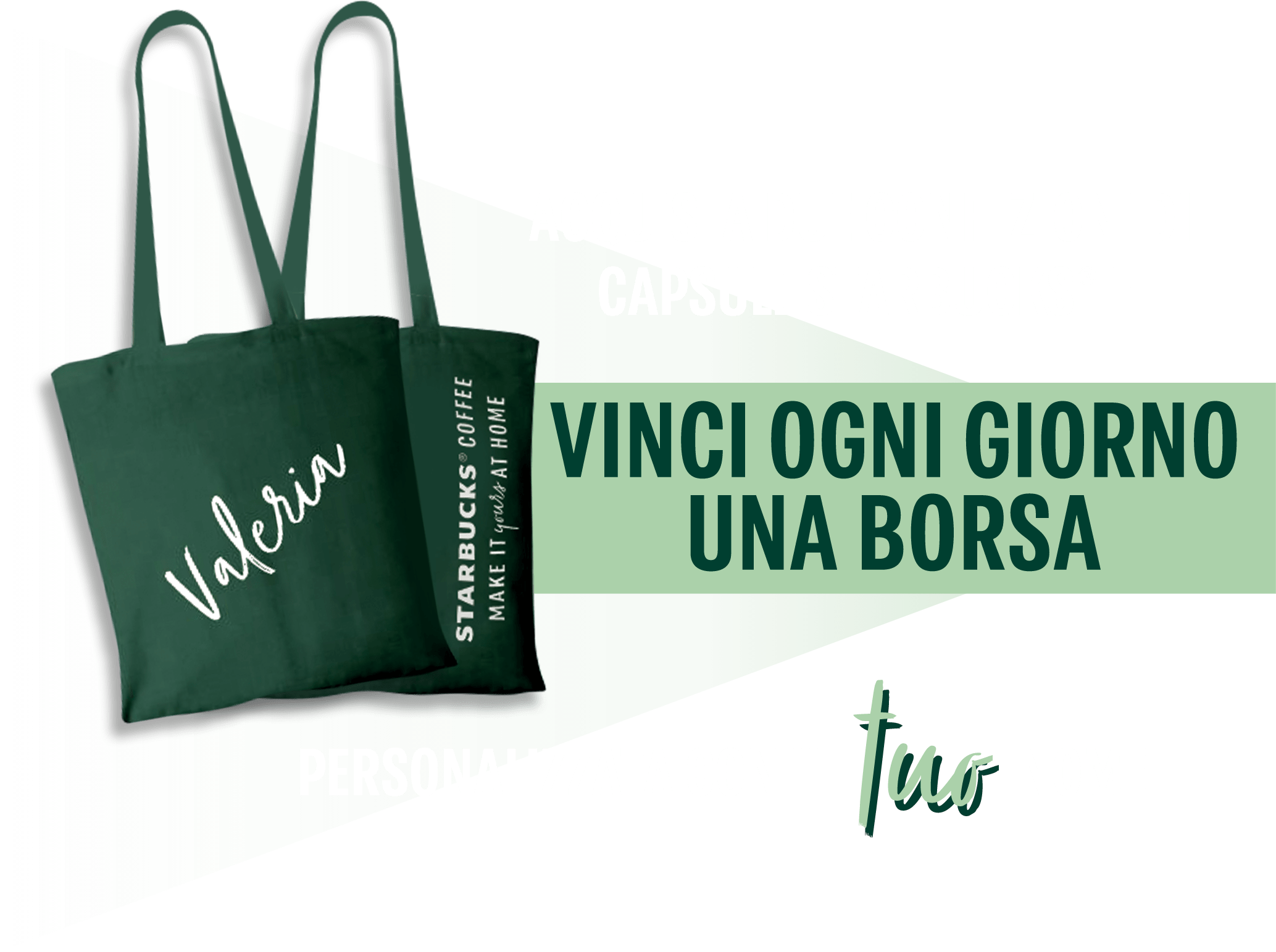 borsa starbucks grande sulla parte sinistra, testo sulla parte destra