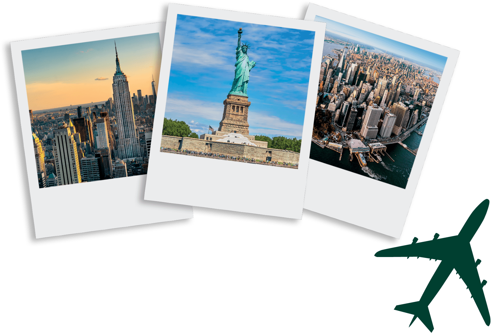 tre polaroid di starbucks e New York e aereo verde scuro sulla destra